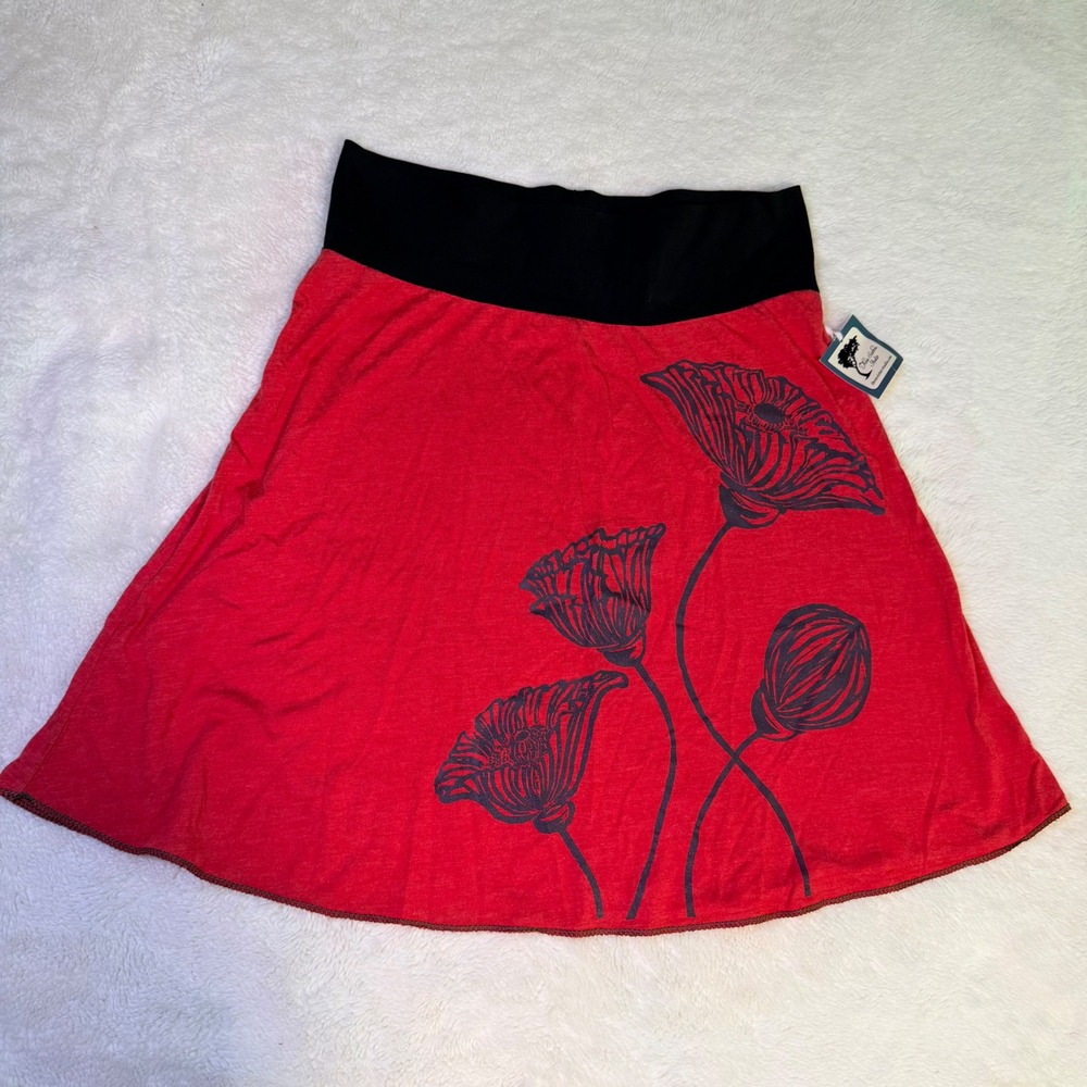Three Sisters Studio Red Poppy Floral Hand Printed Yoga Waist Skirt Size Small